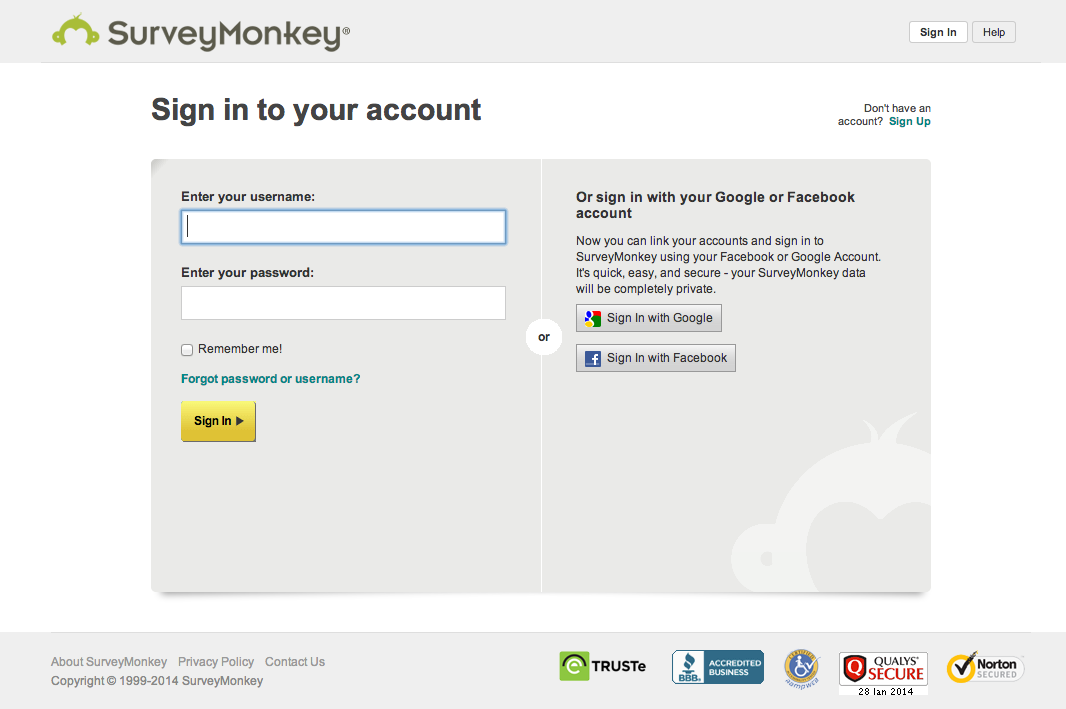 Survey Monkey log in screen